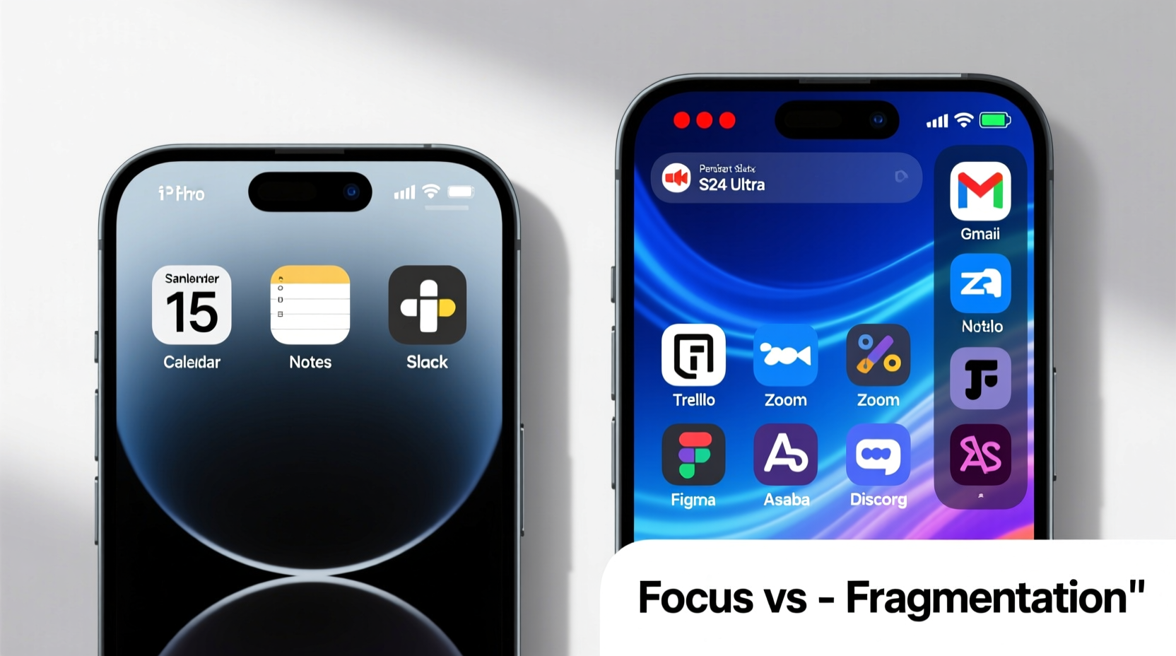 Side-by-side comparison showing an iPhone Home Screen with only 3 work-related apps visible during Focus mode, next to a Samsung Galaxy screen with Edge Panel open—displaying 8 app shortcuts while Slack notifications persist in the status bar
