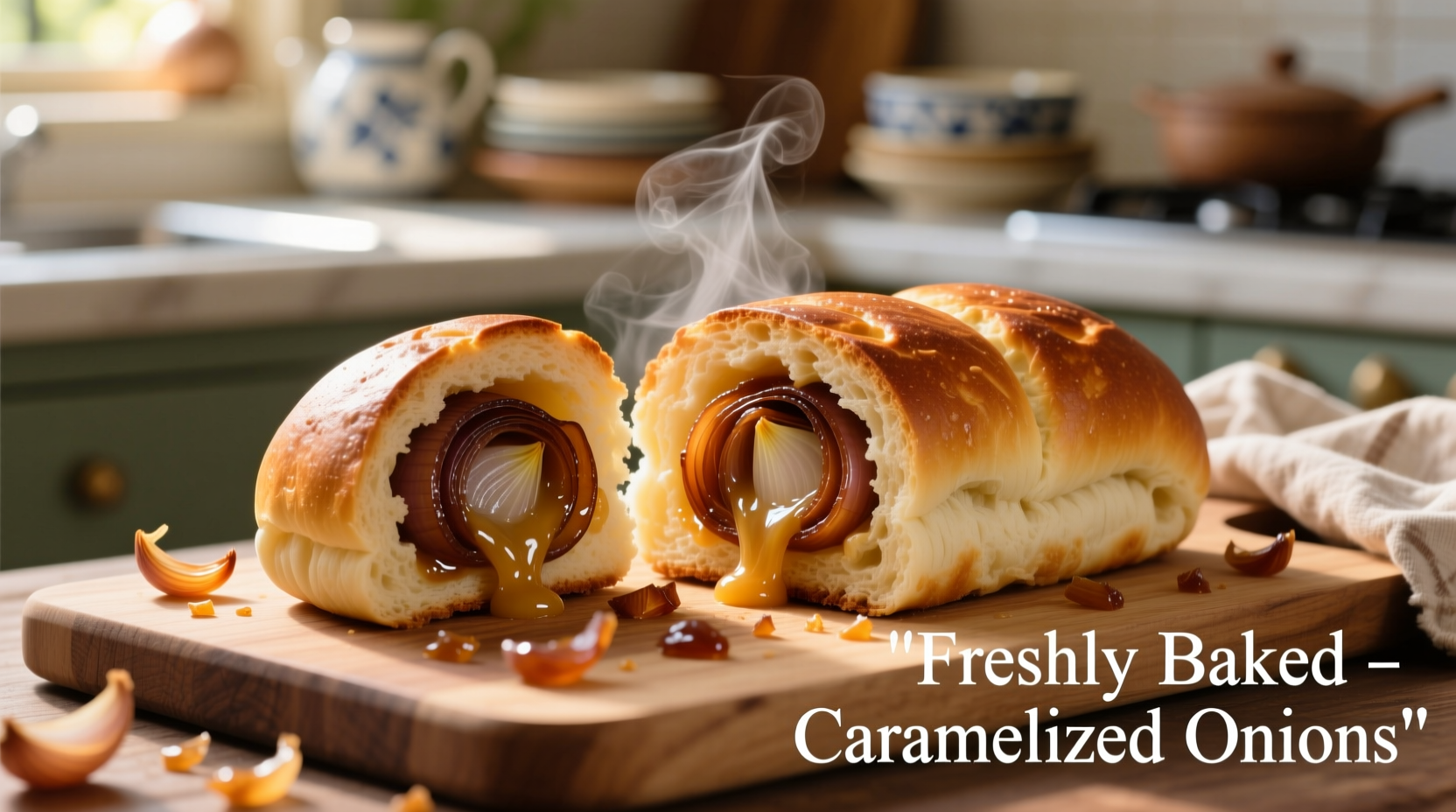 Frisch gebackene Zwiebelbrötchen mit sichtbaren karamellisierten Zwiebeln
