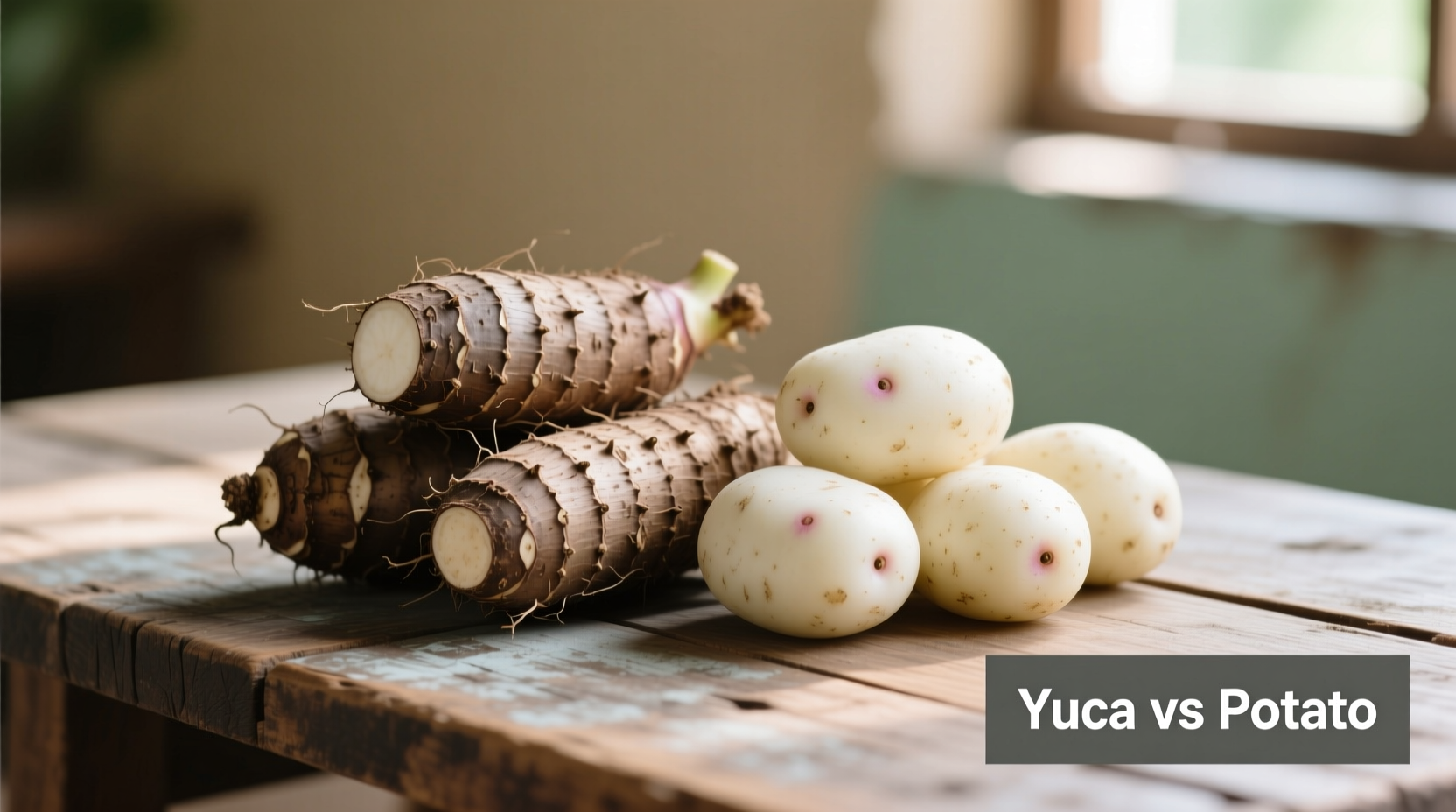 Fresh yuca roots next to white potatoes showing visual differences