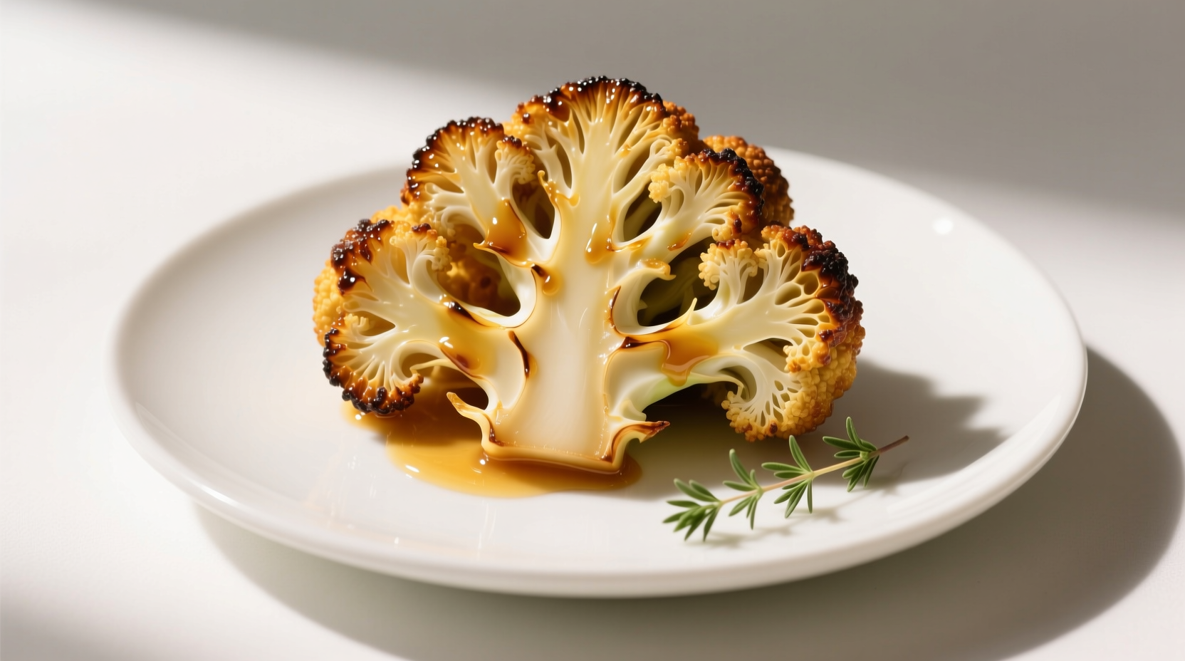 Golden roasted miso cauliflower on white plate