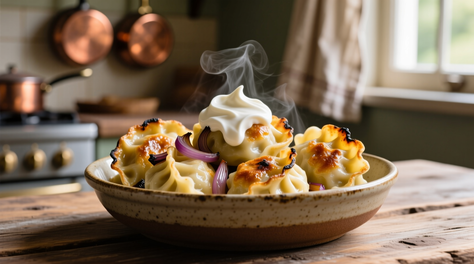 Golden potato dumplings with caramelized onions and sour cream