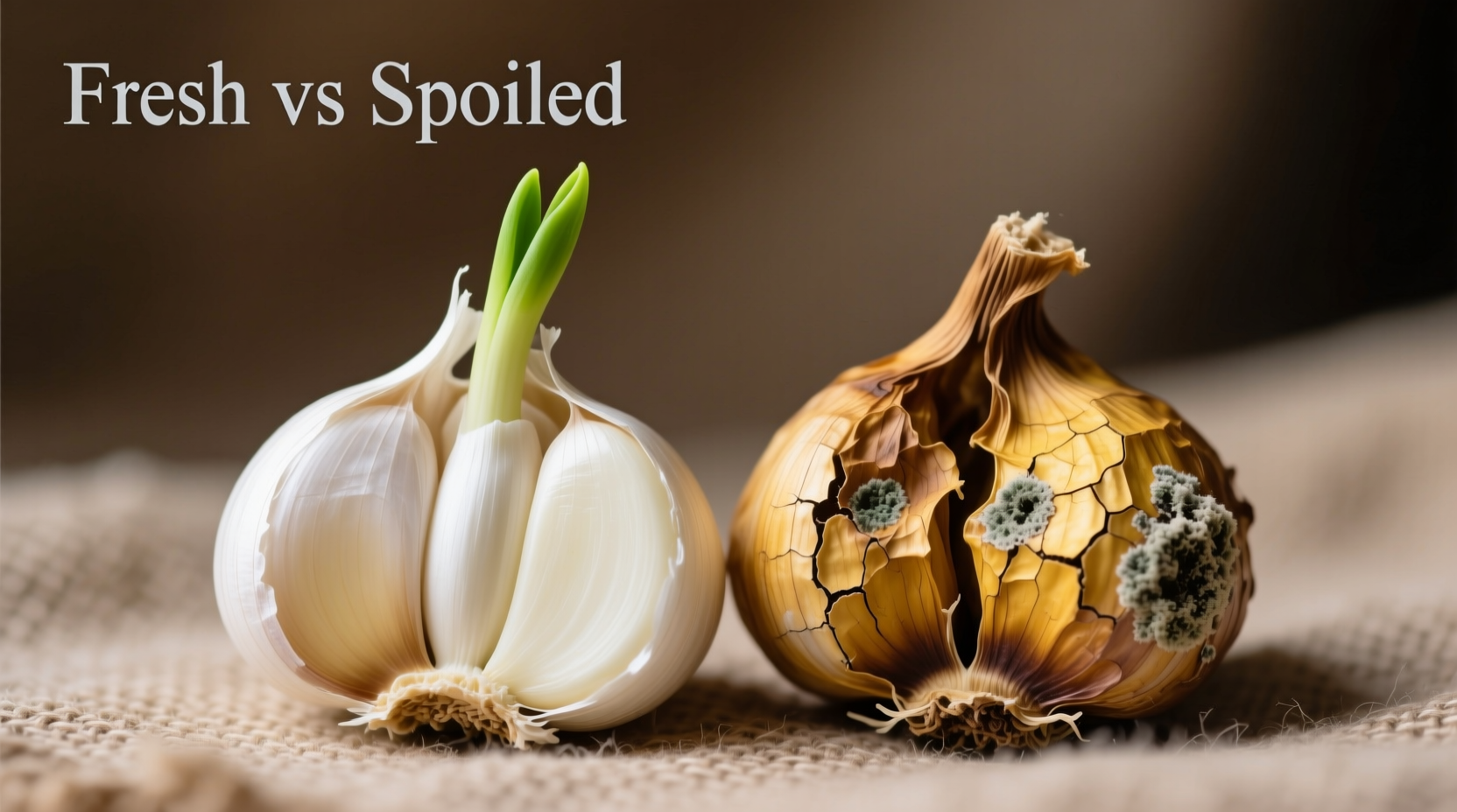 Close-up of fresh versus spoiled garlic cloves