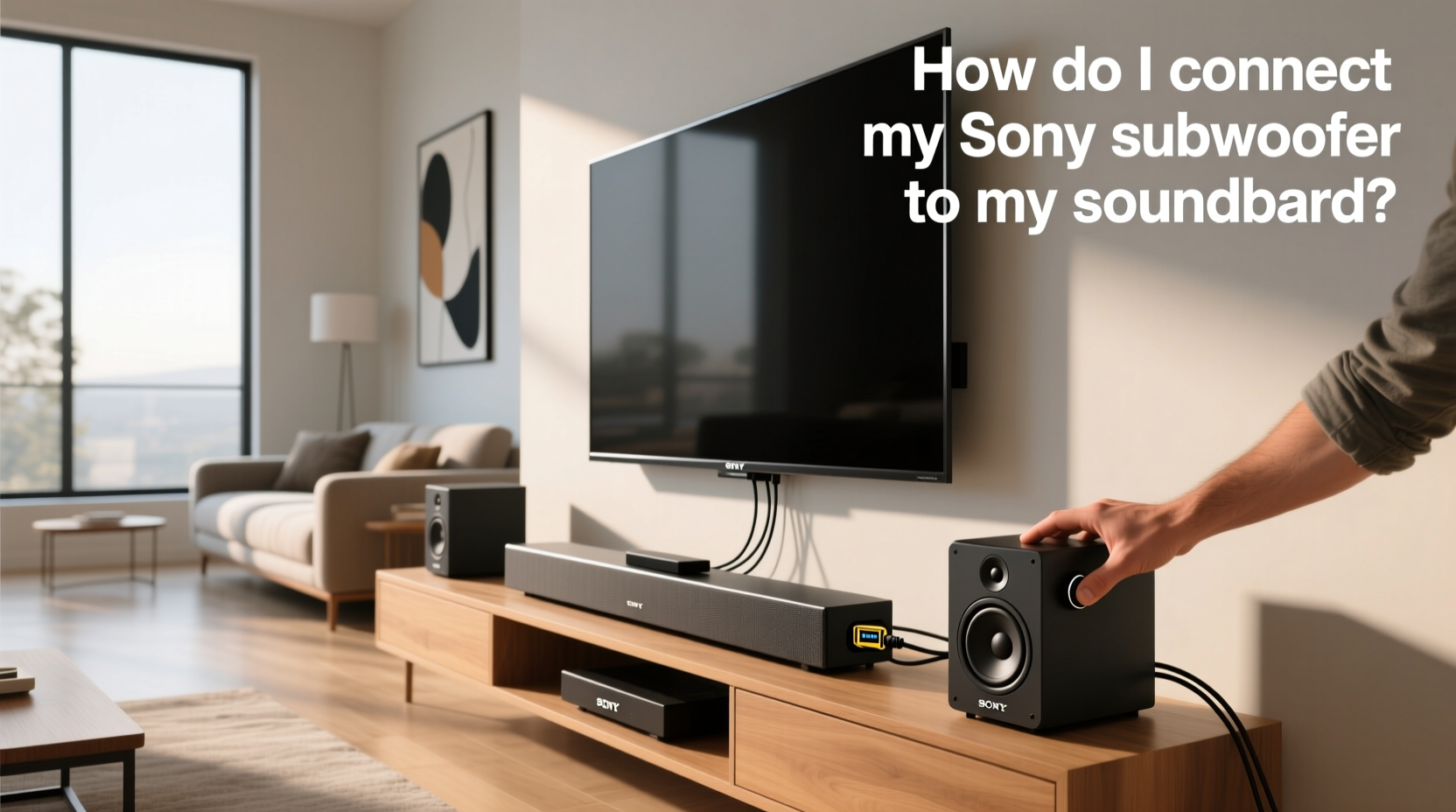 Close-up of Sony subwoofer back panel showing LINK button location and label