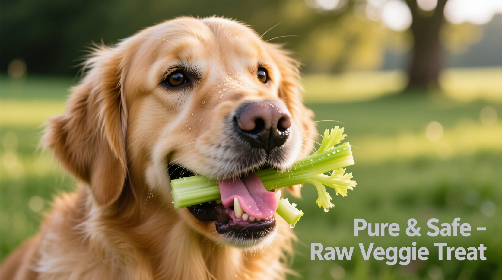 Golden Retriever safely eating small pieces of raw celery
