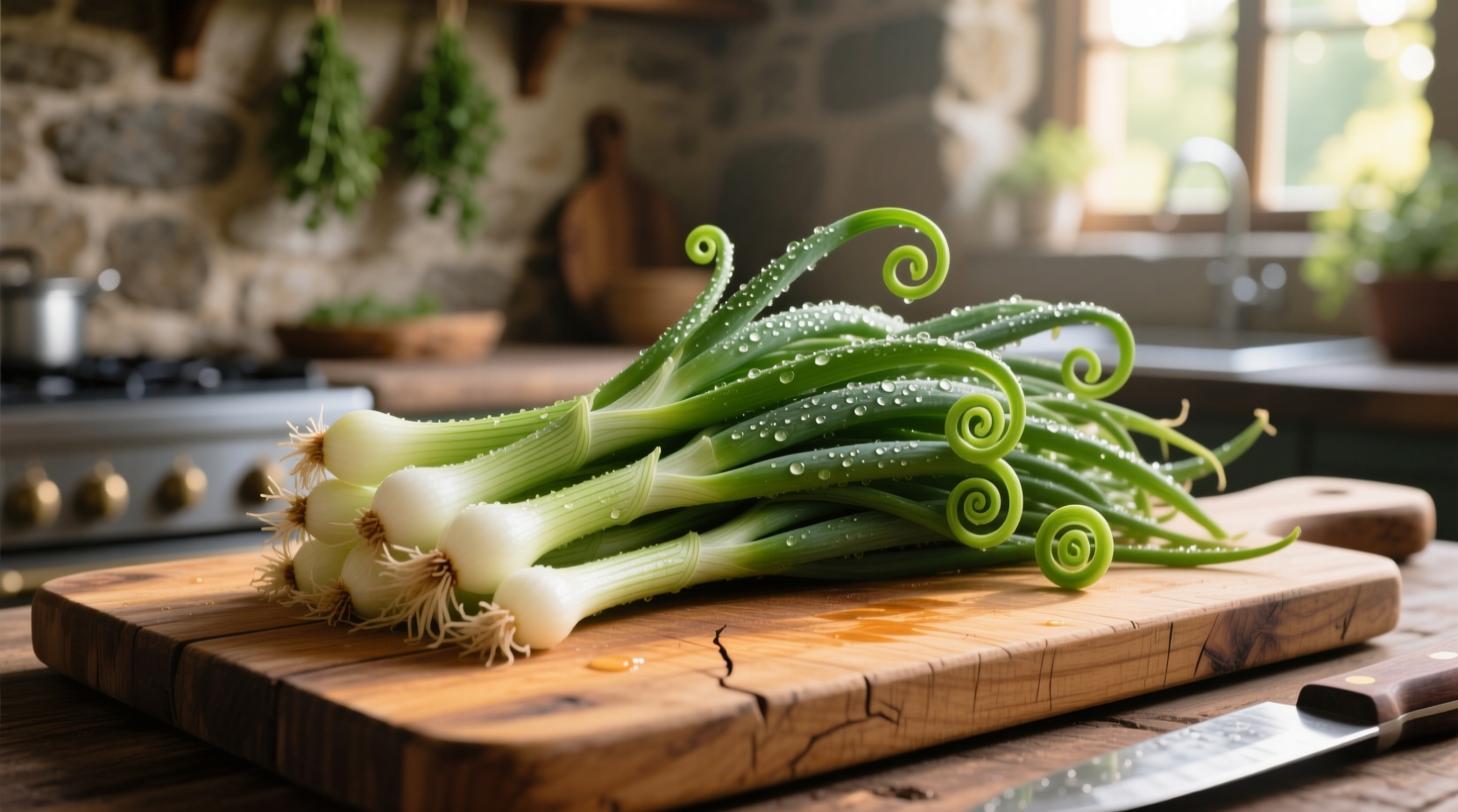 Freshly harvested onion scapes on wooden cutting board