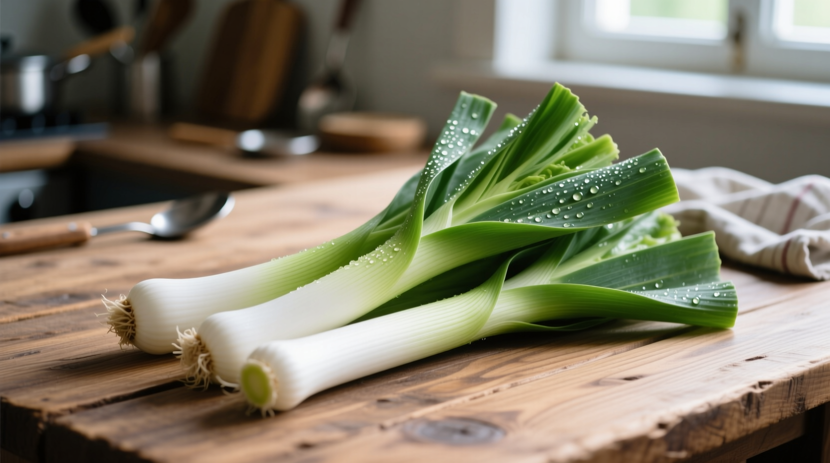 Fresh leeks with white stems and green leaves on wooden table