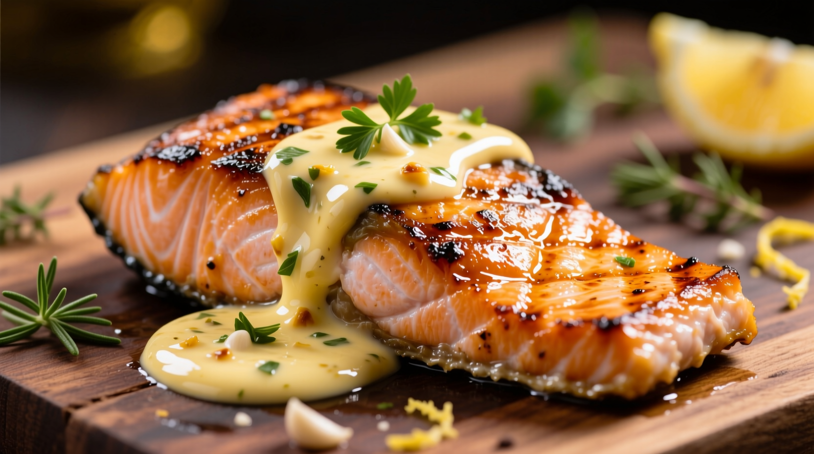 Homemade garlic butter sauce drizzled over grilled salmon