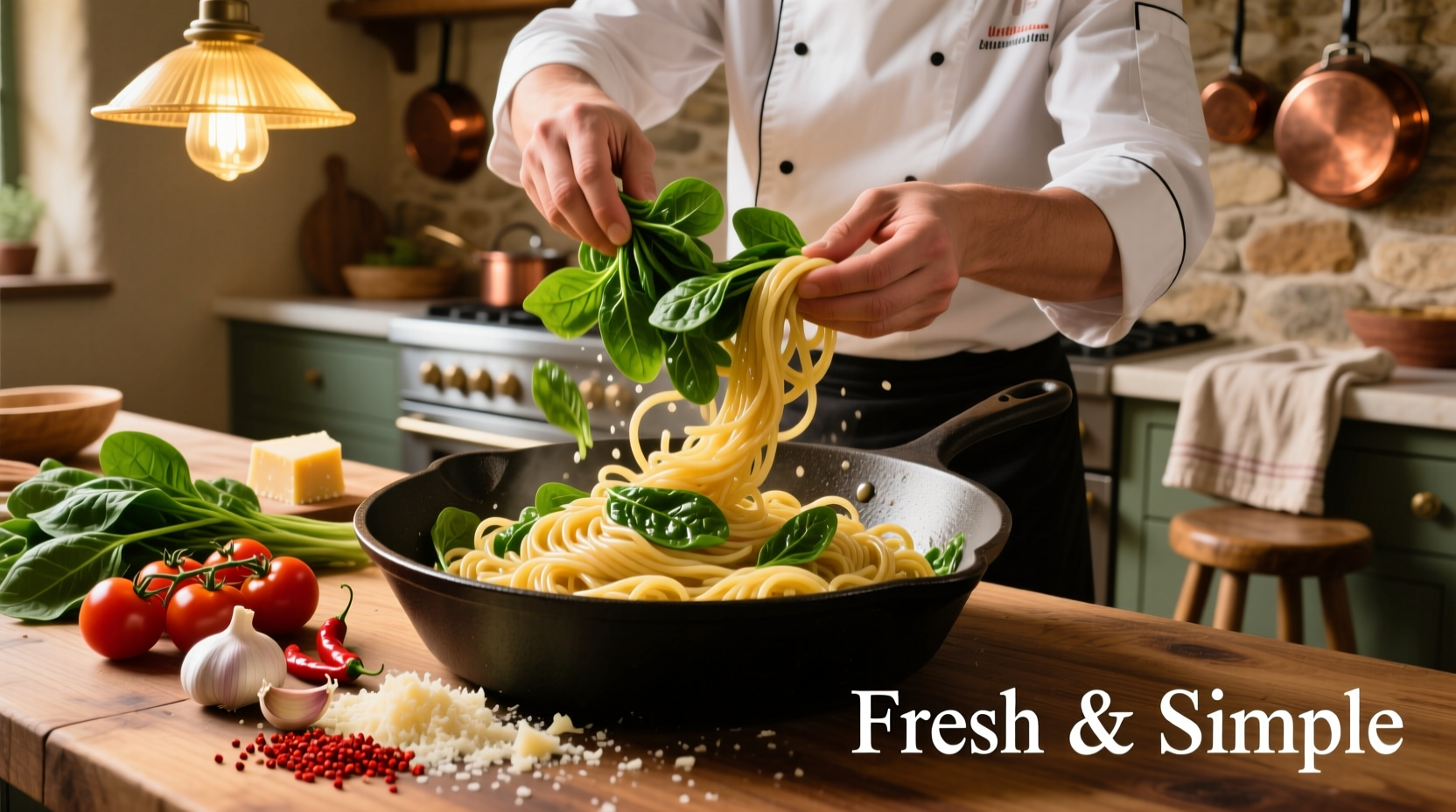 Chef preparing spinach pasta dish with fresh ingredients