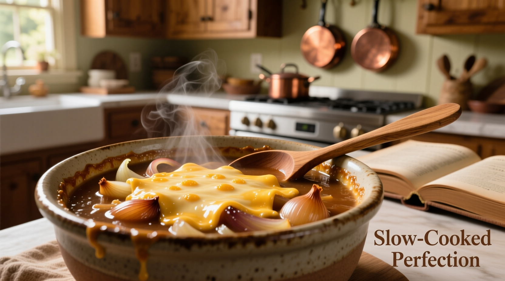 Perfectly caramelized crock pot onion soup with melted cheese topping