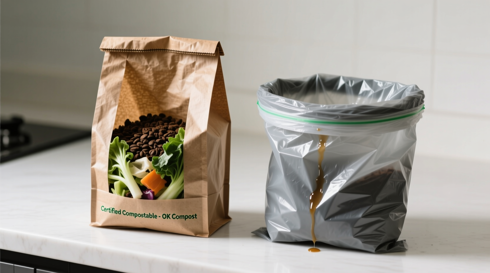 Side-by-side comparison: a certified compostable bag holding damp coffee grounds and vegetable scraps without sagging or leaking, next to a recycled plastic liner visibly stretched, translucent, and weeping moisture at the seams