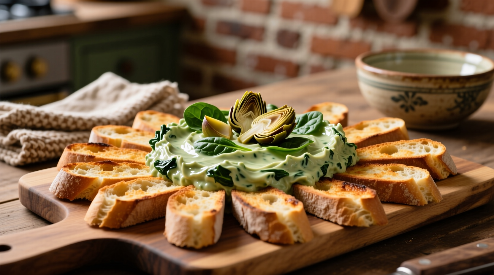 Creamy spinach artichoke dip served with toasted baguette slices