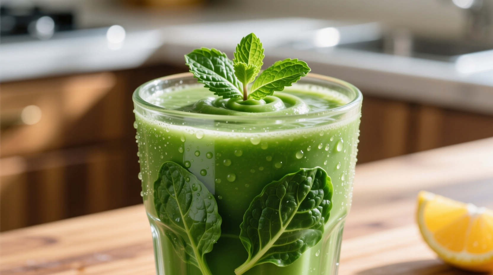 Perfect green smoothie in glass with frozen spinach