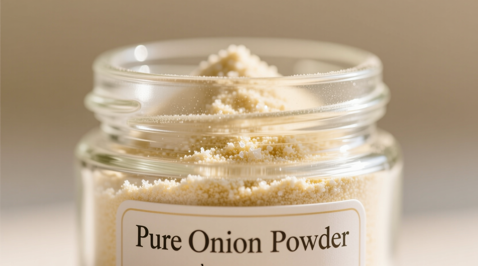 Close-up of pure onion powder in glass jar