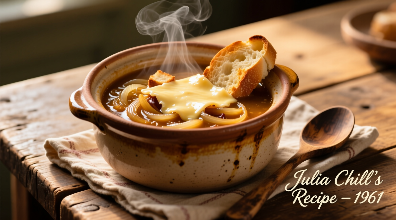 Julia Child's French onion soup in traditional crock