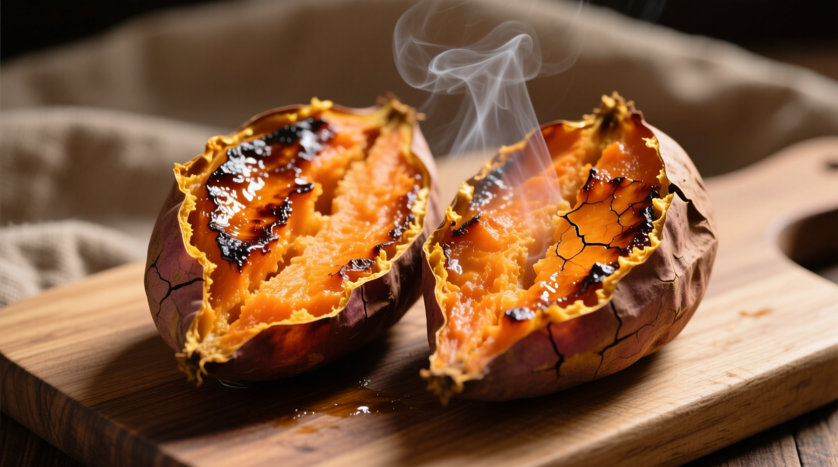 Perfectly roasted sweet potato halves with crispy edges