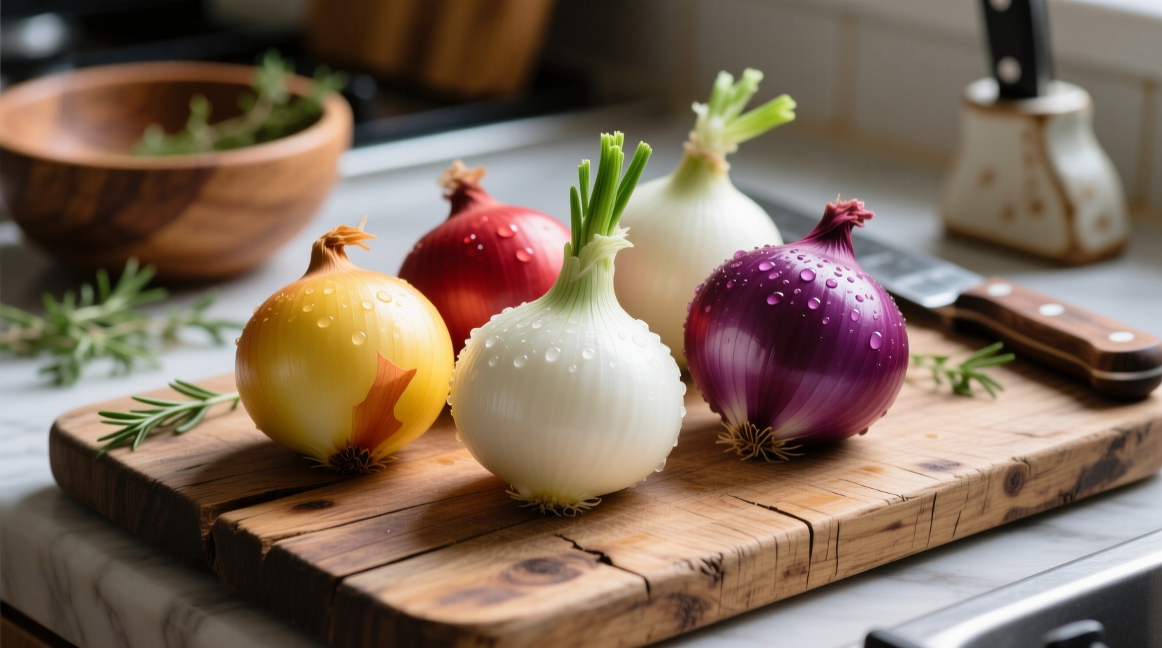 Variety of fresh onions on wooden cutting board