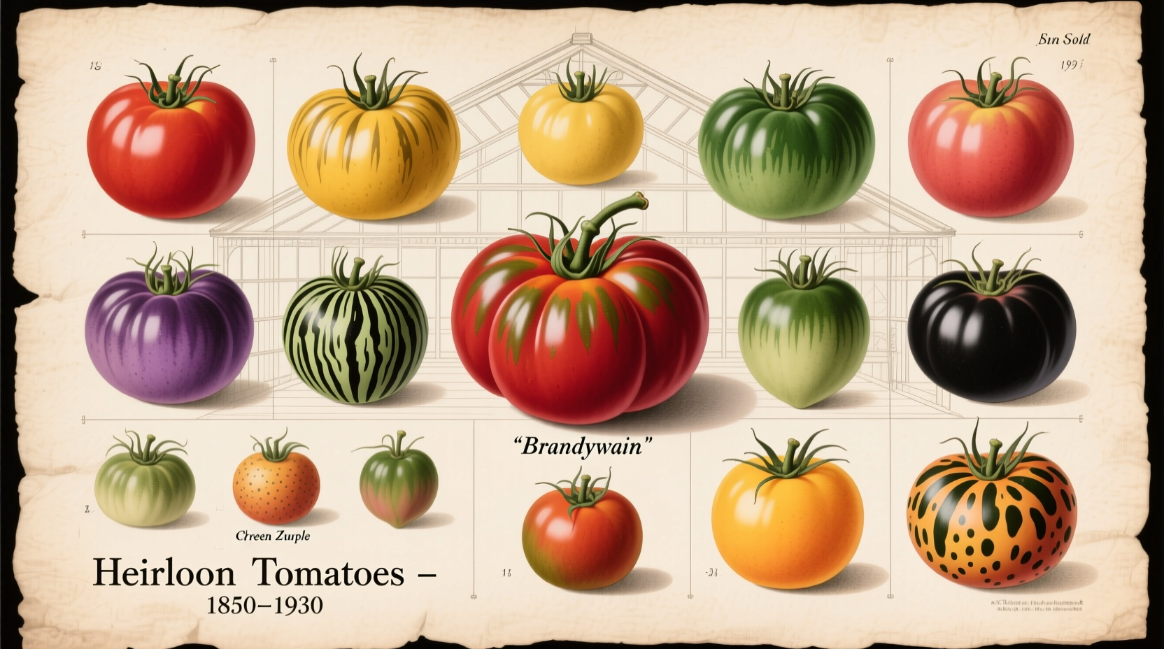 Historic tomato varieties in different colors and shapes