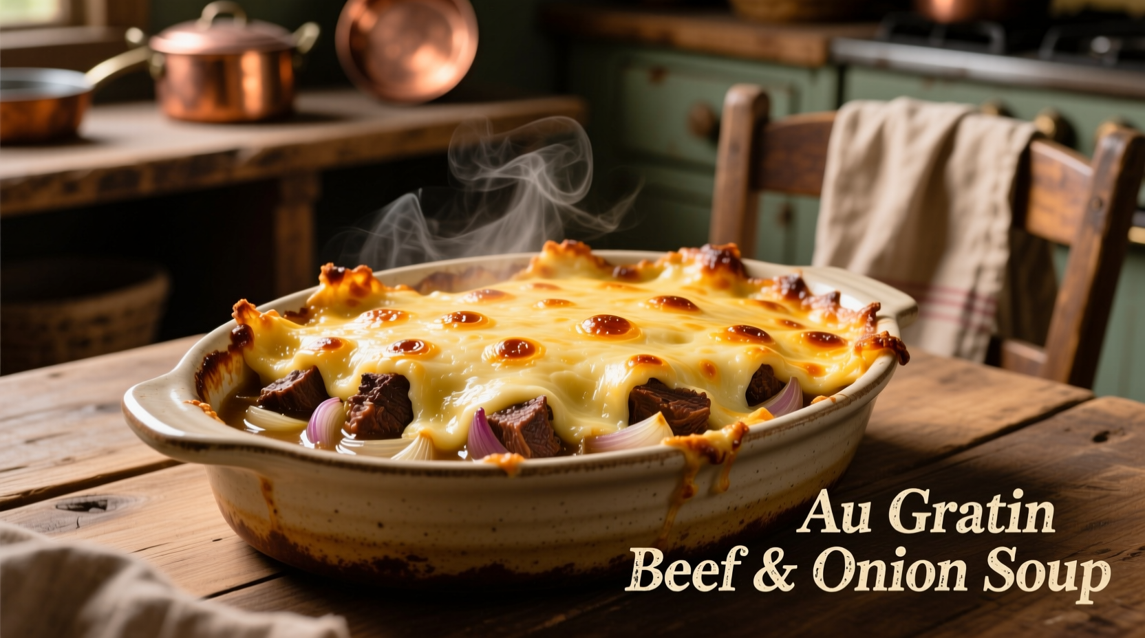 Golden beef french onion soup casserole with melted cheese