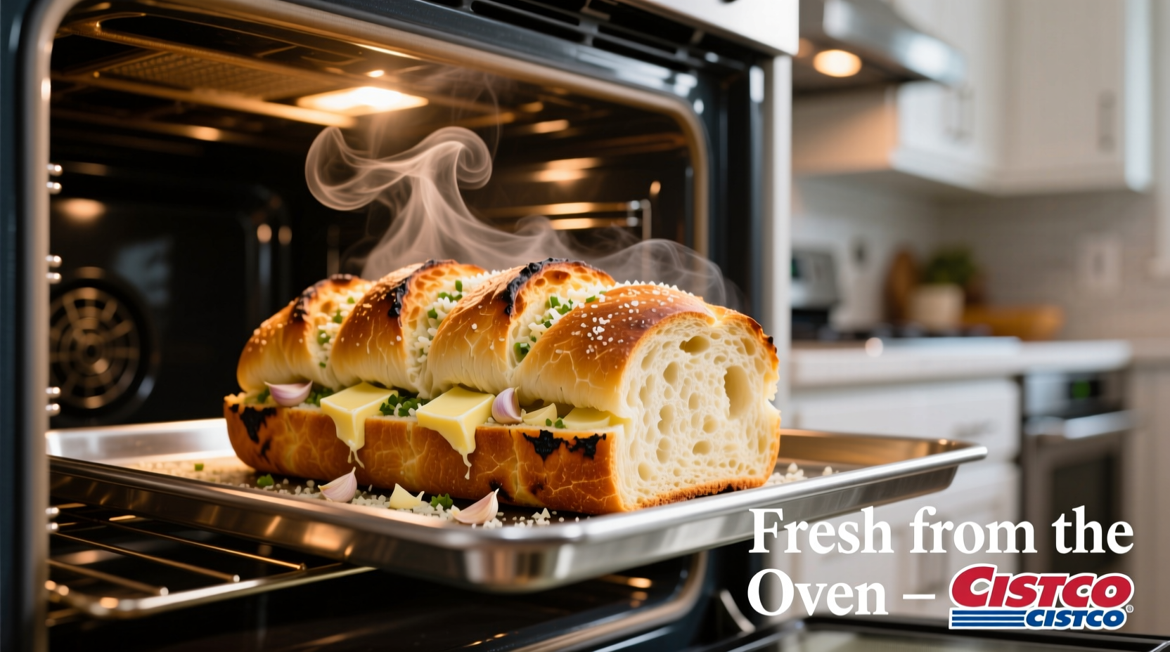 Costco garlic bread baking in oven