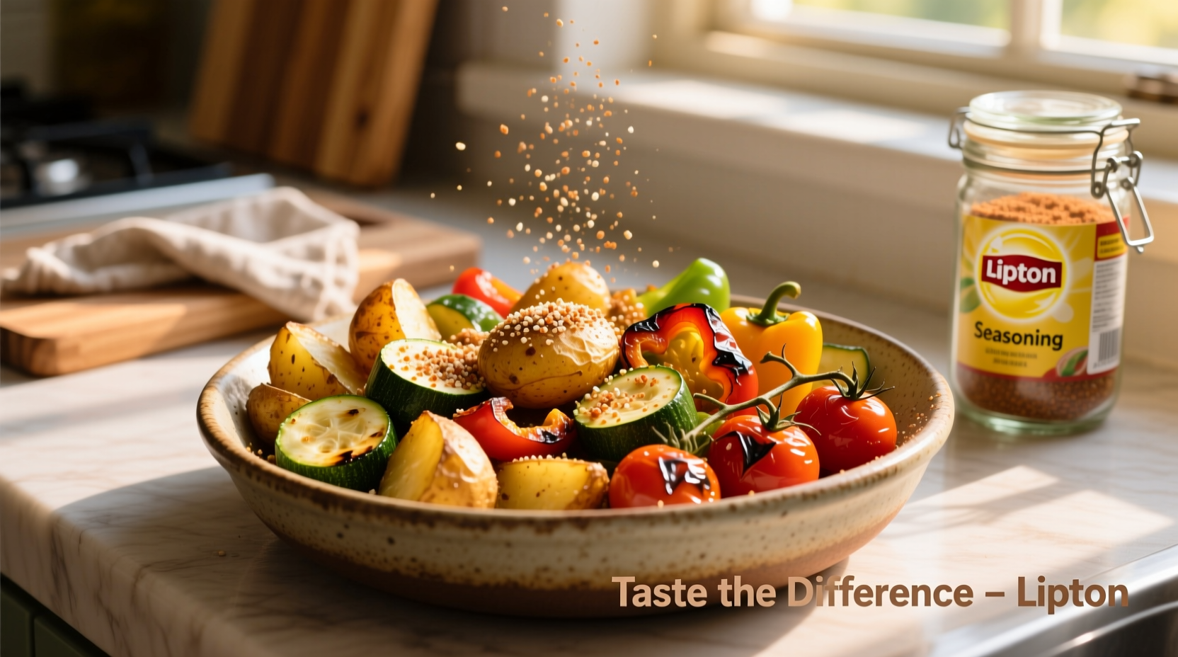 Lipton seasoning mix sprinkled over roasted vegetables