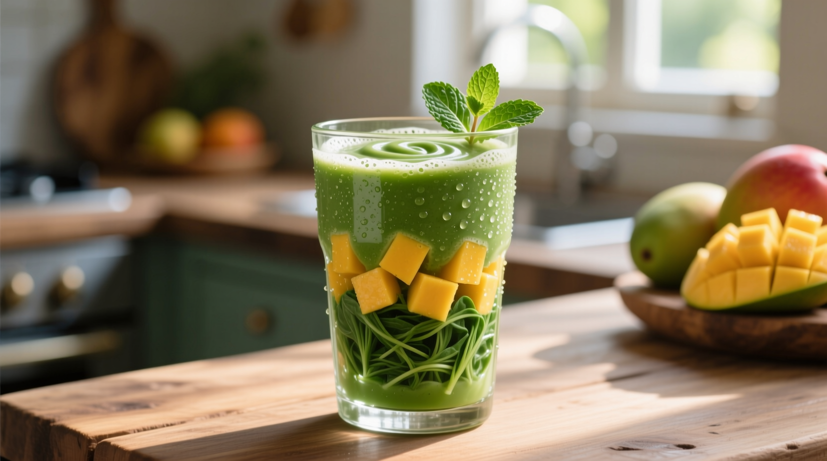 Fresh mango spinach smoothie in glass