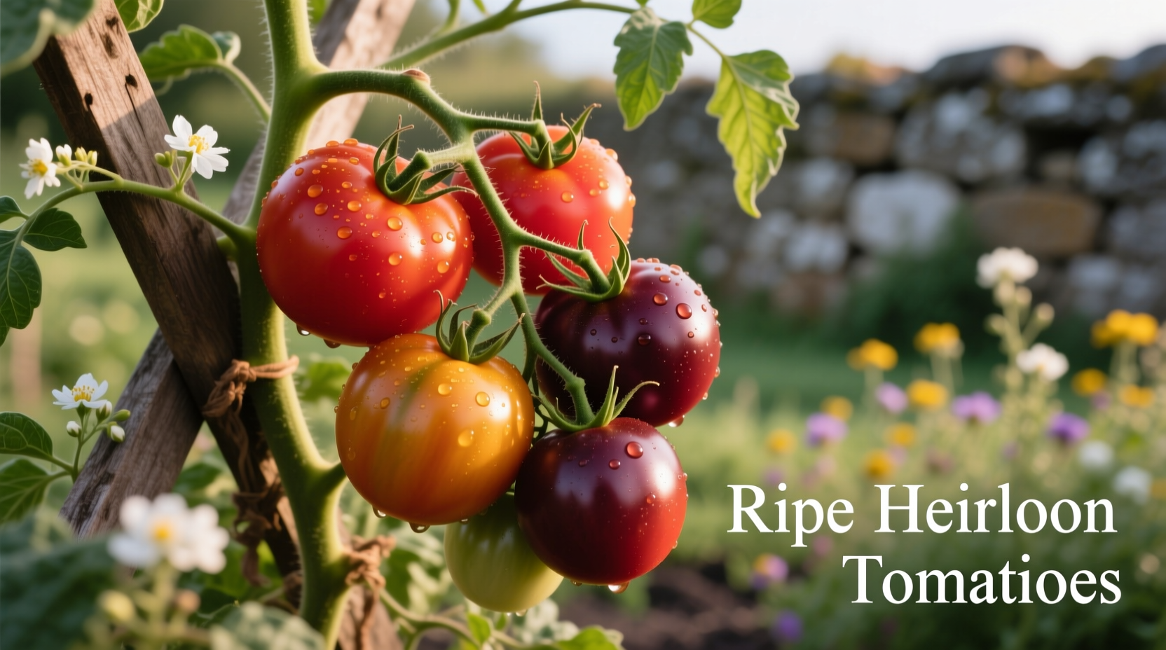 Ripe heirloom tomatoes on vine
