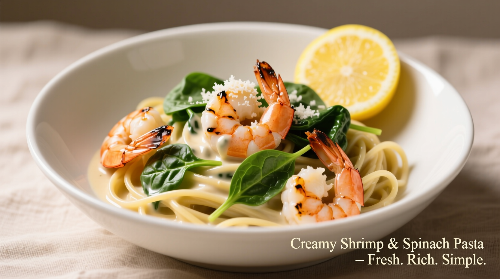 Creamy shrimp spinach pasta in white bowl with lemon garnish
