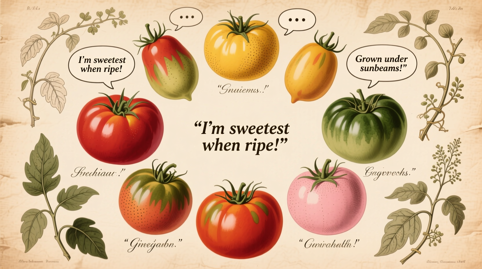 Vintage illustration of tomato varieties with speech bubbles