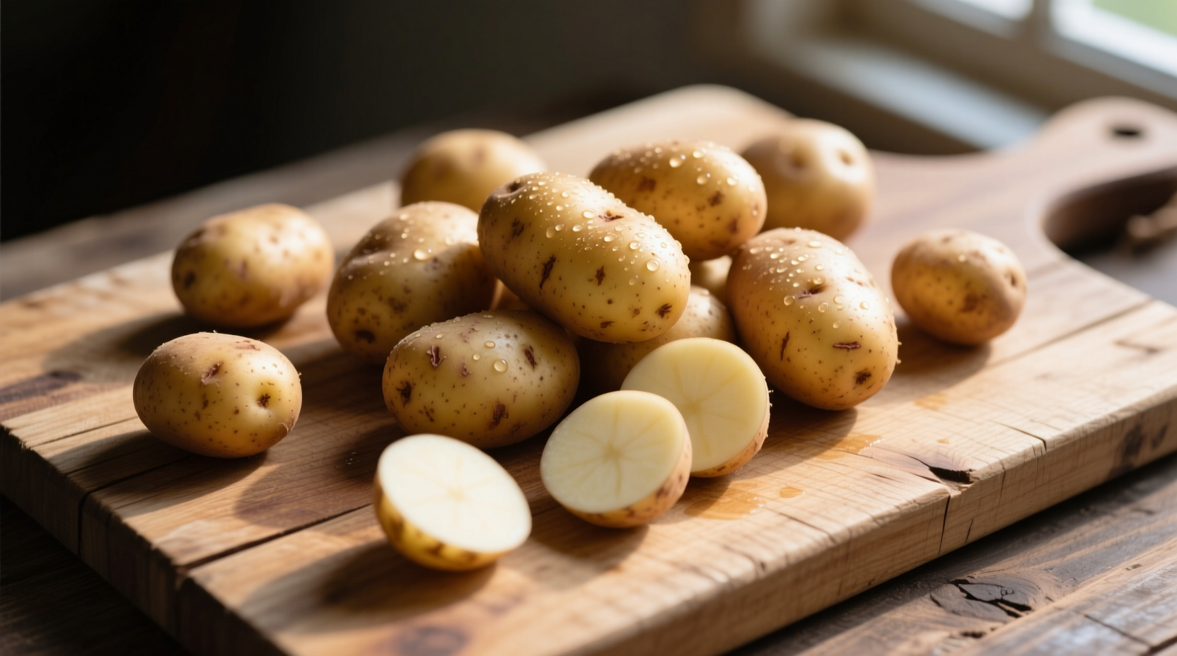 Fresh fingerling potatoes on wooden cutting board