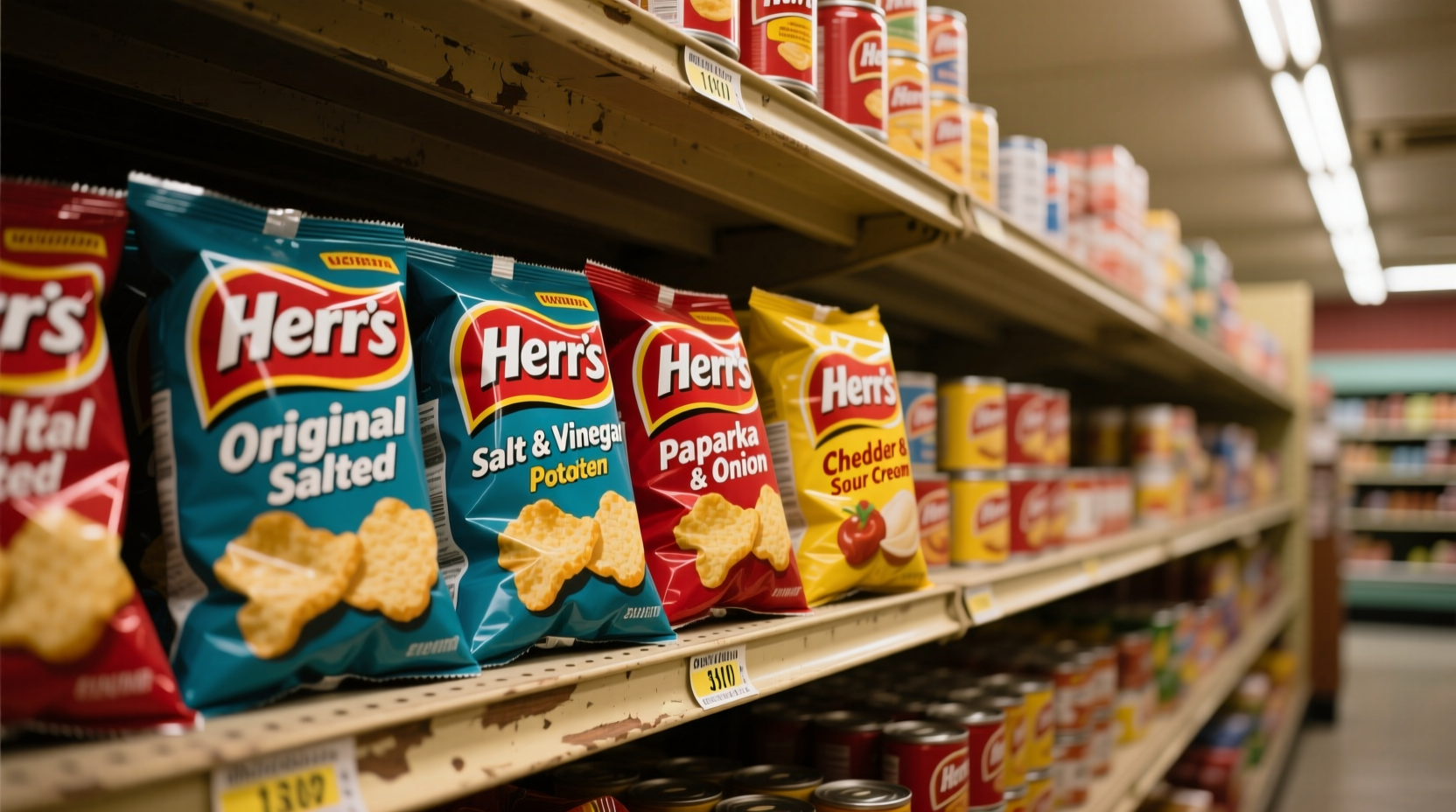 Herr's Potato Chips varieties displayed on grocery shelf