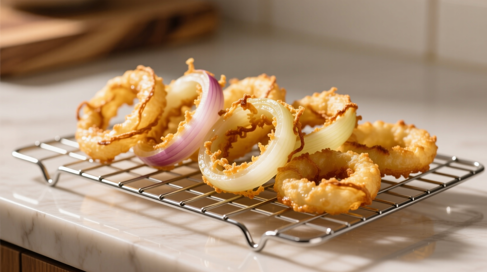 Golden string onion rings on cooling rack