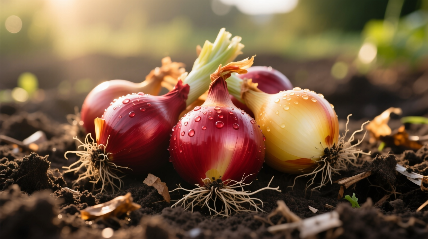 Freshly harvested red and yellow onion bulb sets arranged on garden soil