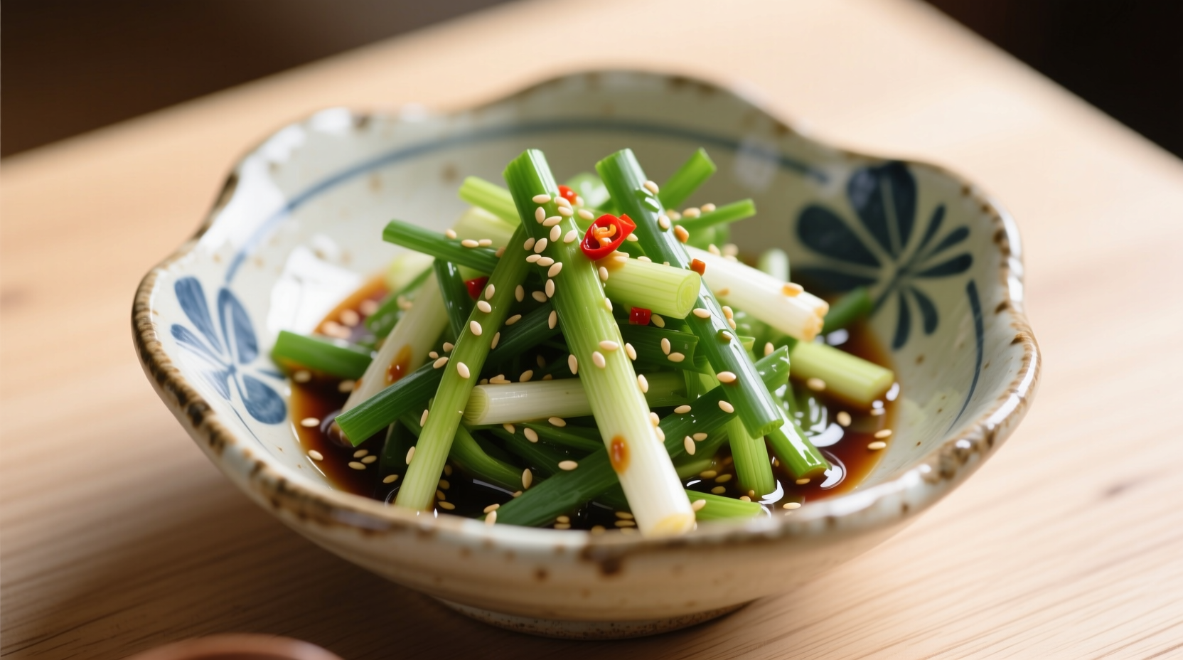 Freshly made Korean green onion salad in traditional bowl