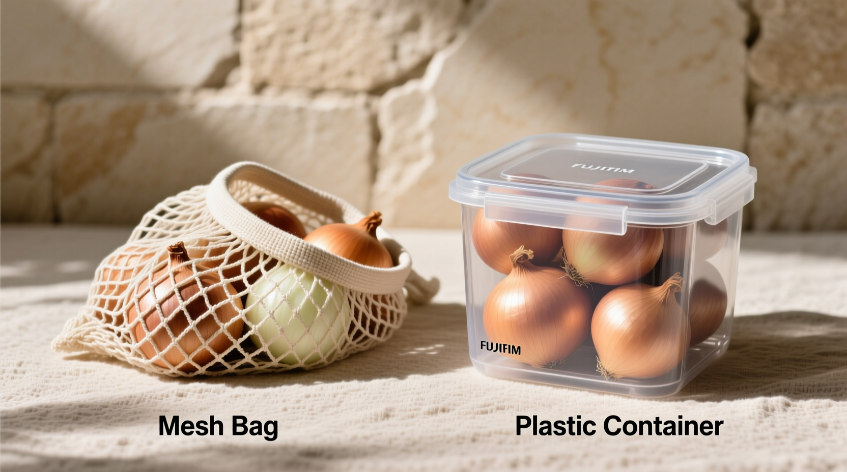 Onion storage container comparison showing mesh bag versus plastic