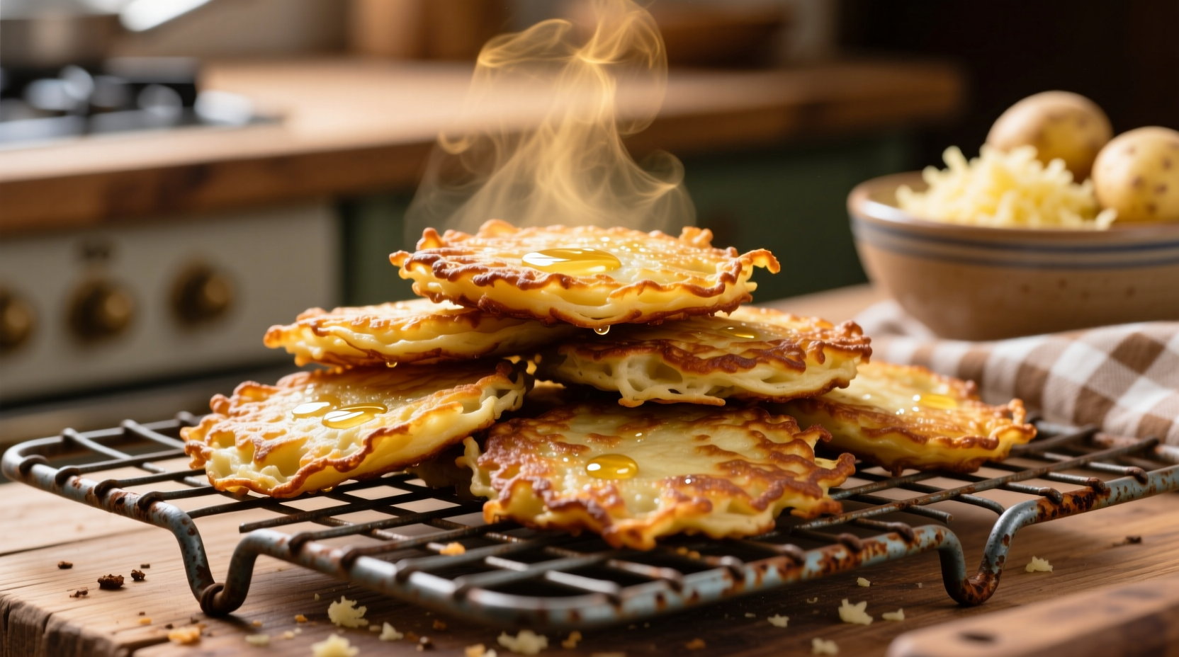 Golden brown potato latkes on wire rack