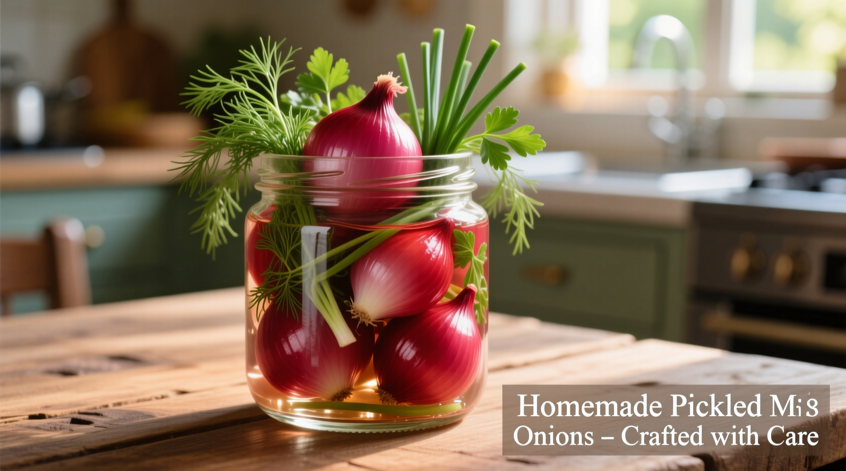 Vibrant red pickled onions in glass jar with fresh herbs