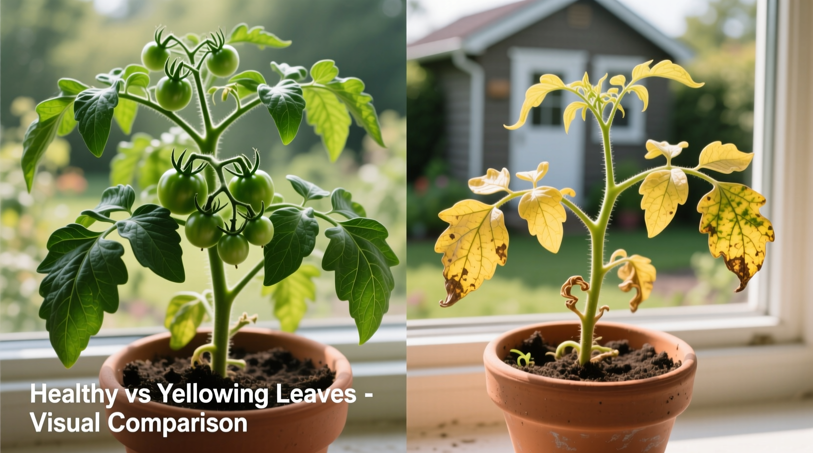 Healthy tomato plant versus yellowing tomato leaves comparison
