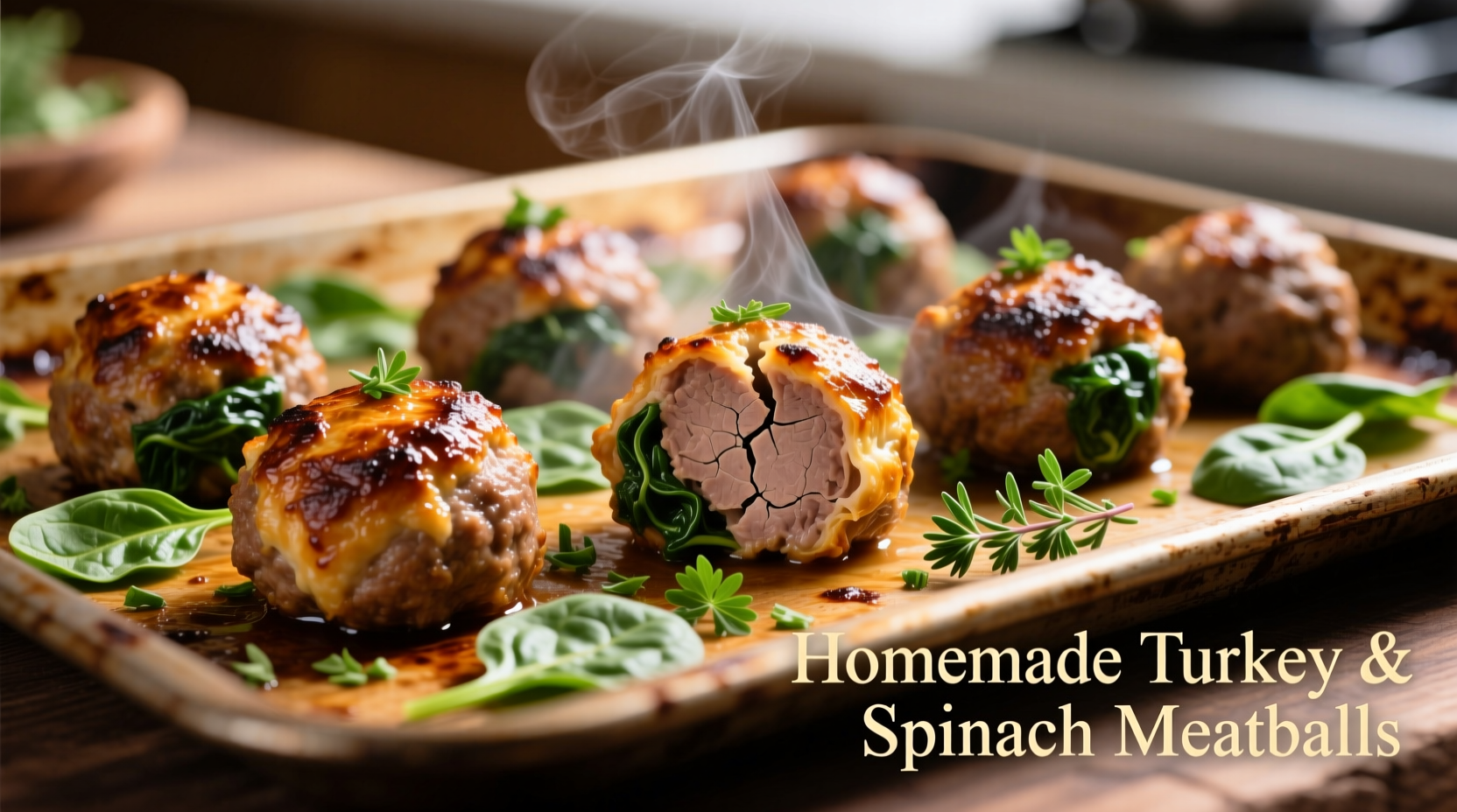 Perfectly browned turkey spinach meatballs on baking sheet