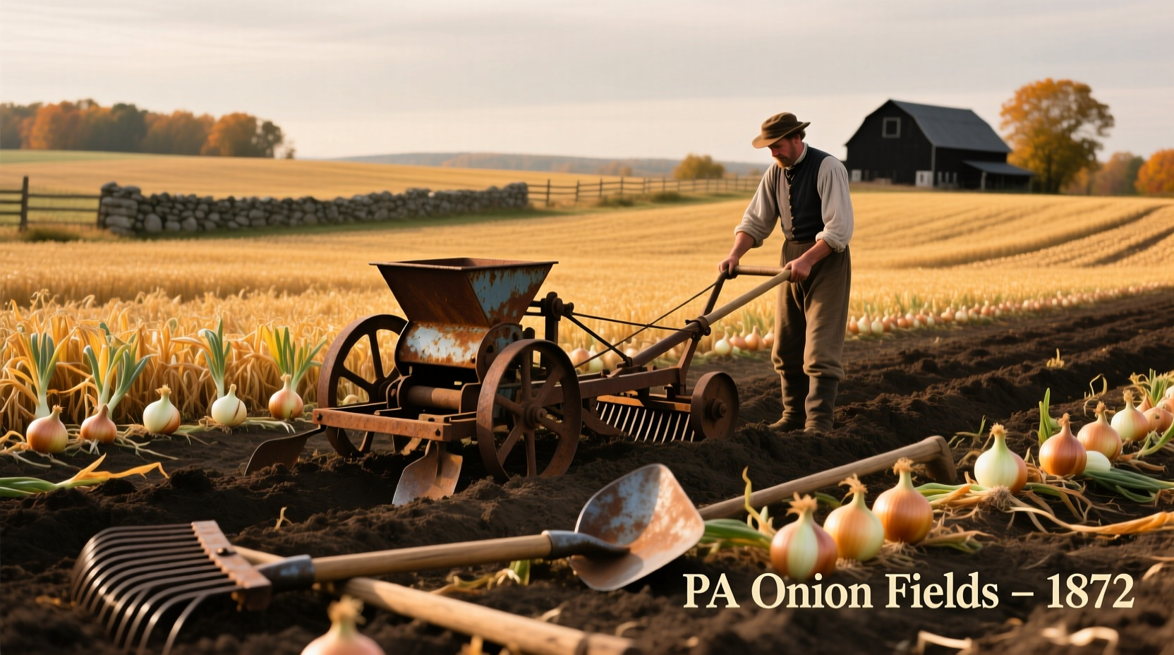 Historic onion fields in Pennsylvania with traditional farming tools