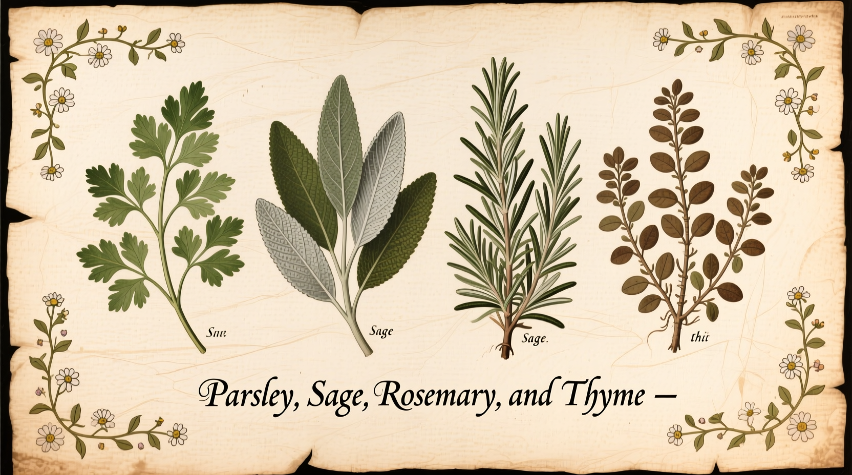 Historical illustration of parsley, sage, rosemary and thyme