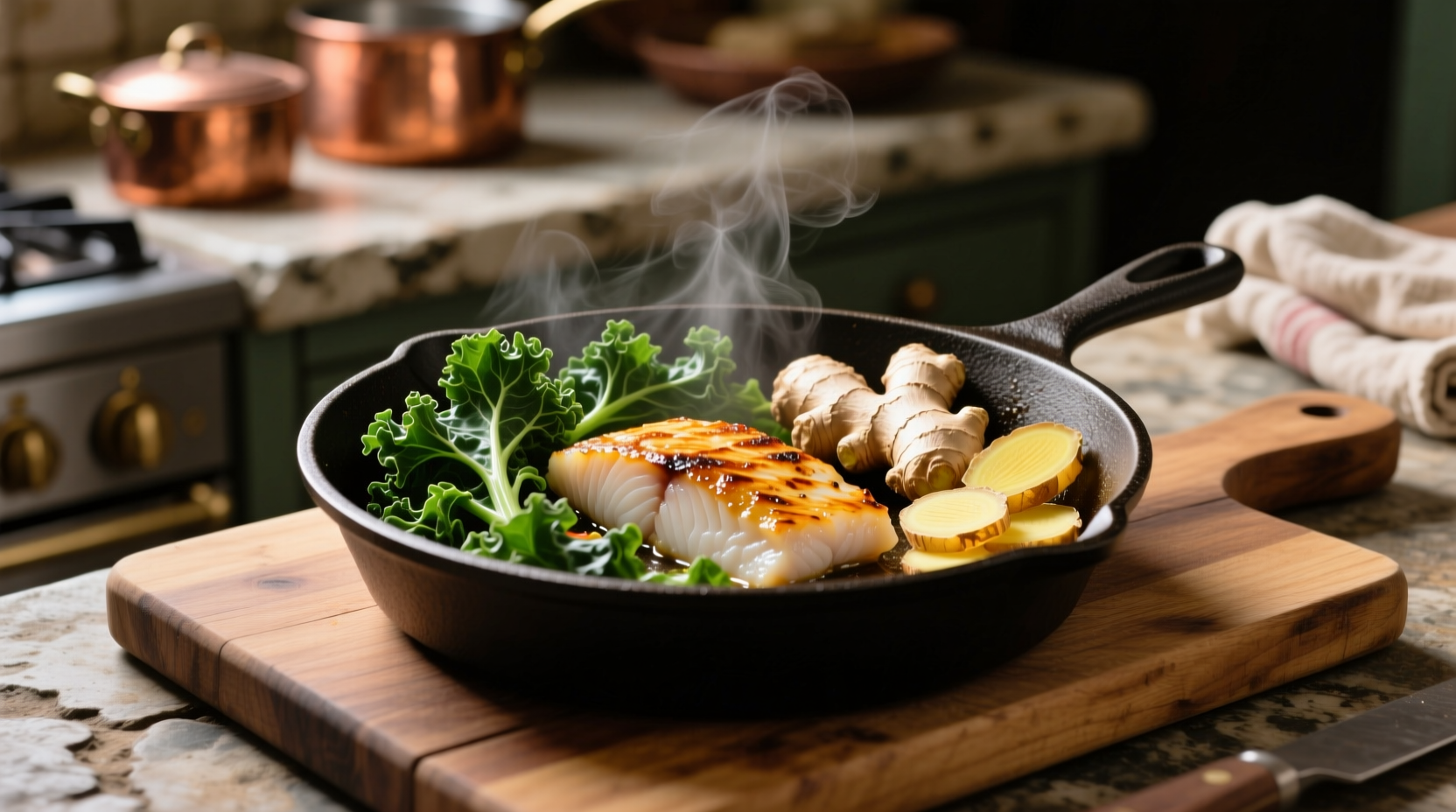 one skillet cod kale ginger recipe