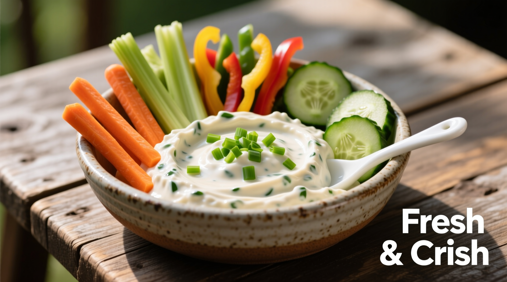 Creamy onion dip in serving bowl with vegetable sticks