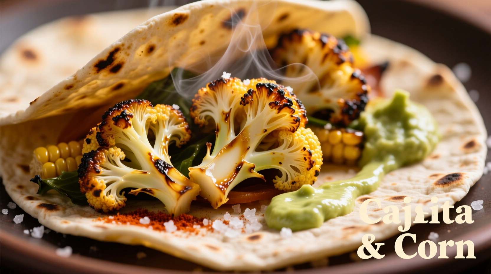 Golden roasted cauliflower florets in warm corn tortillas