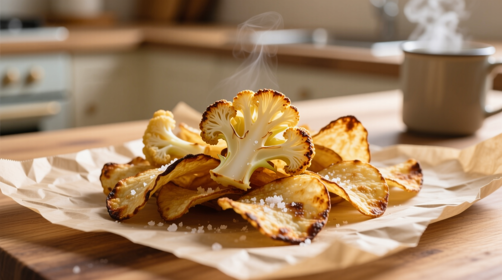 Homemade baked cauliflower chips on parchment paper