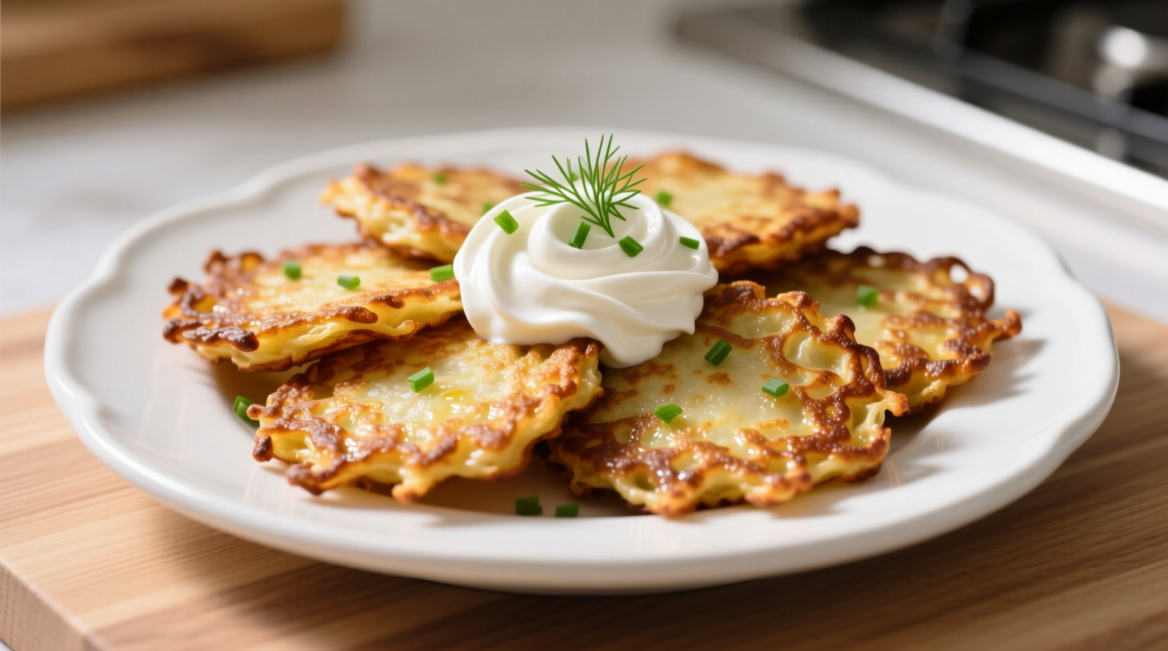 Golden brown potato latkes on a white plate with sour cream