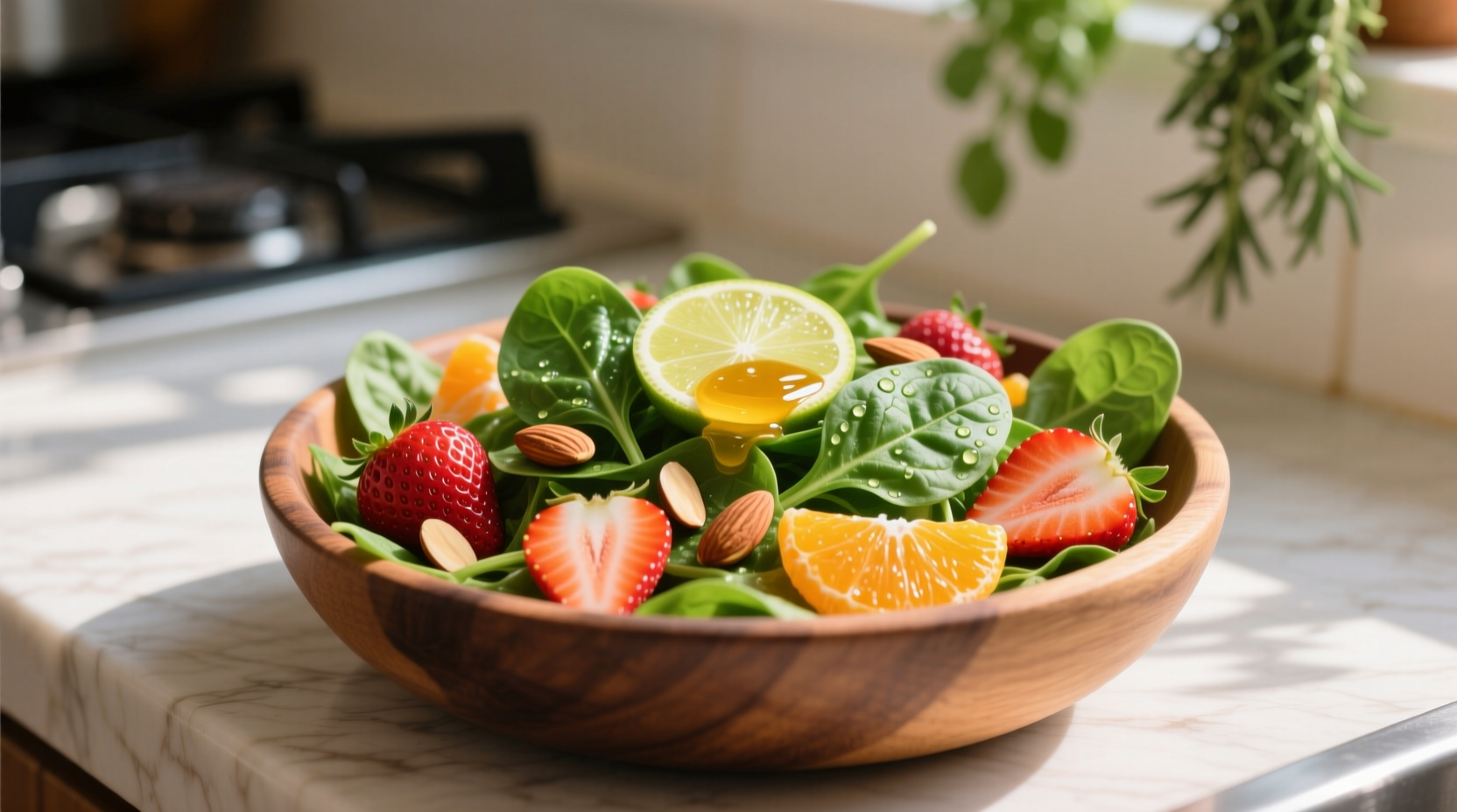 Fresh strawberry spinach salad with colorful ingredients