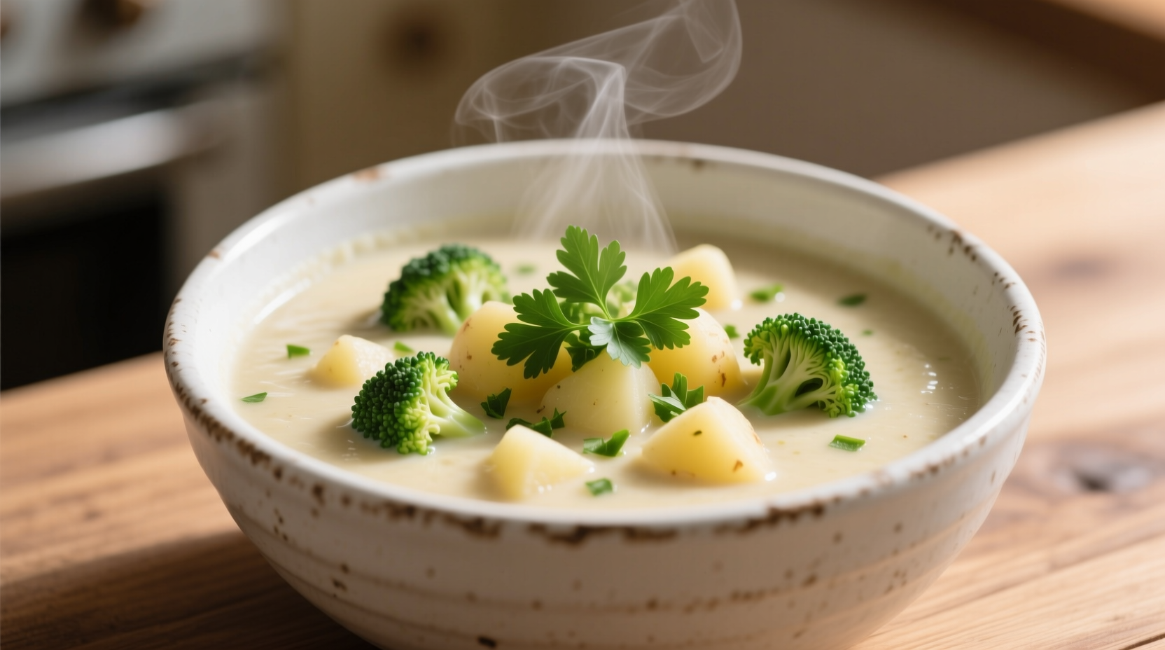 Creamy broccoli potato soup in white bowl with fresh parsley