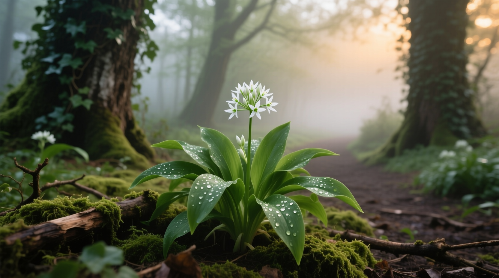 Wild garlic plants growing in woodland garden