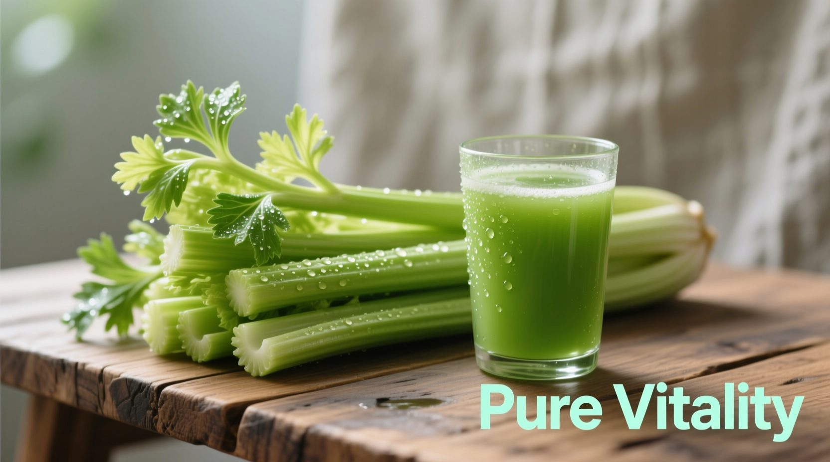 Fresh celery stalks and glass of green celery juice