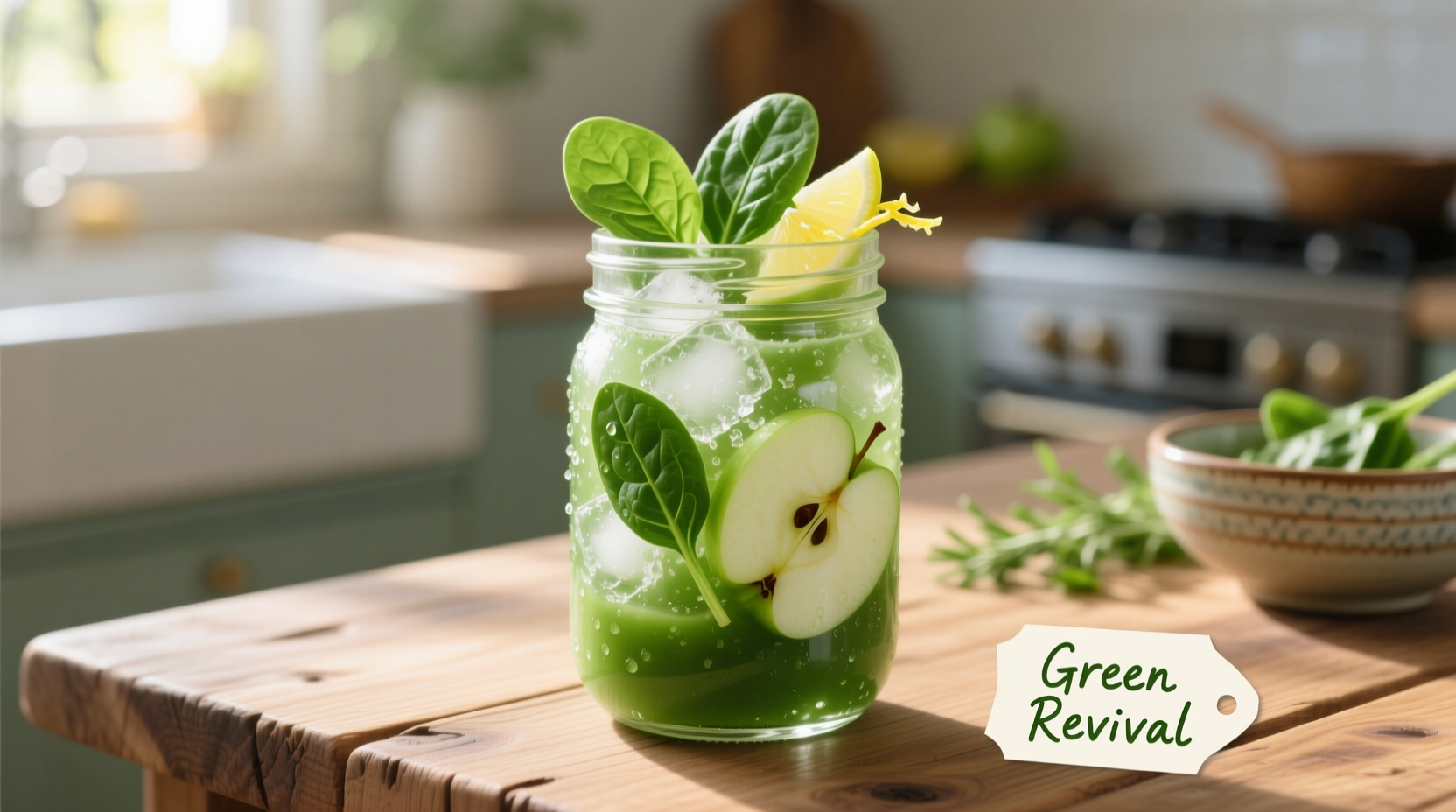 Fresh spinach apple smoothie in glass with ingredients